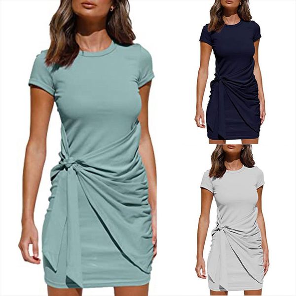 

casual plus size summer solid womens dress color short sleeve sheath round neck tight fitting mini, Black;gray