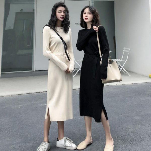 

casual dresses women 2021 korean fashion elegant and retro all-match solid color round neck waist long knitted dress, Black;gray