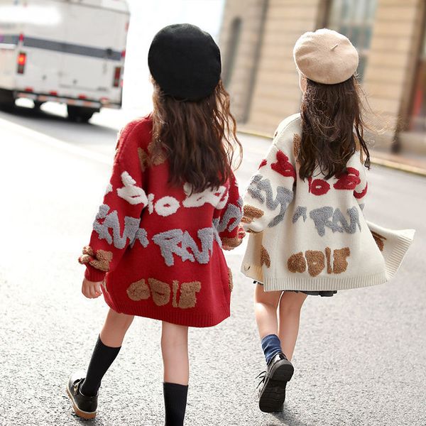 

girls clothing knit cardigan sweaters letters embroidered sweater coats loose thicken long cardigan knitwear overcoat print kids, White