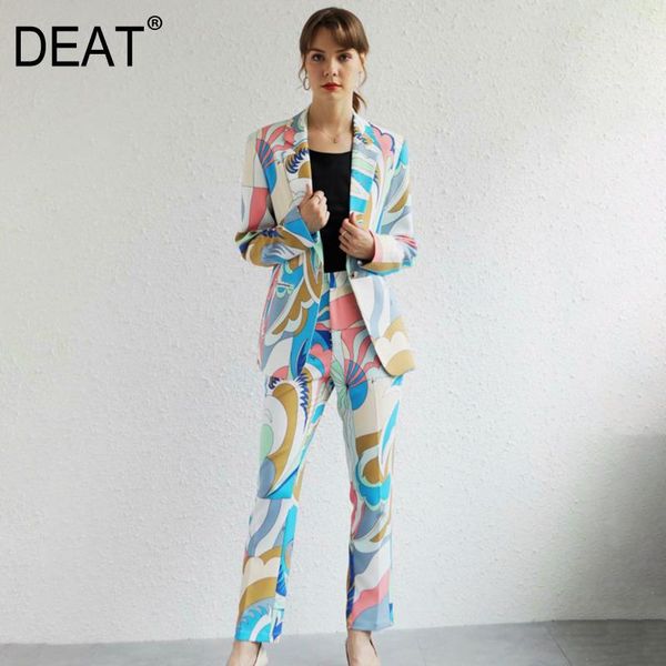 

[deat] 2021 spring autumn new fashion tide printing long sleeve v-necksingle button blazer pencil pants women suit 13c519, White