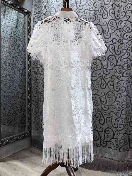 

capris tassel long shirt 2021 spring summer style women turn-down collar hollow out crochet embroidery short sleeve lace, Black;gray