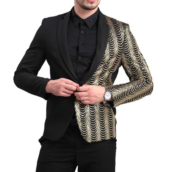 Vestido masculino costurando lantejoulas de ouro festa de casamento hip-hop terno moda cantor traje blazer jaqueta x0909