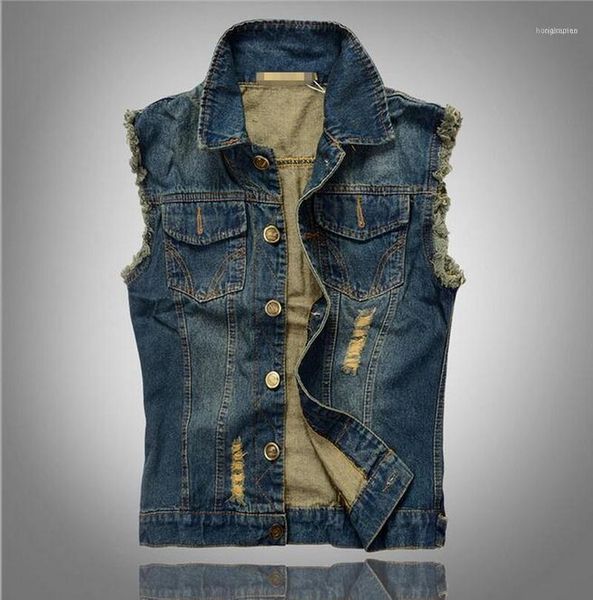 Gilet da uomo Uomo all'ingrosso- VXO Risvolto Gilet di jeans Giacca Hip Hop Cow Boy Gilet Capispalla Patchwork Moto Club Vest1