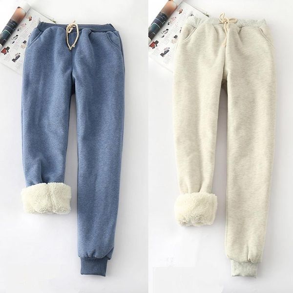 

women's pants & capris stinlicher winter lambskin thicker elastic waist loose large size solid color cotton women casual warm trousers, Black;white