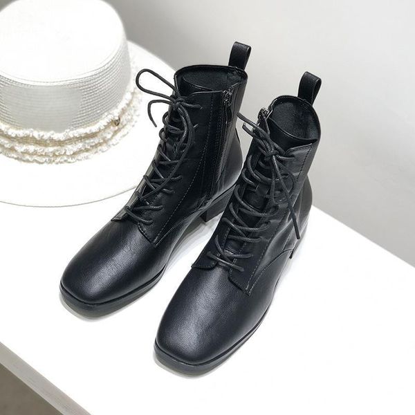 

boots 2021 autumn square head lace-up side zipper simple cool vintage women's fashion1, Black