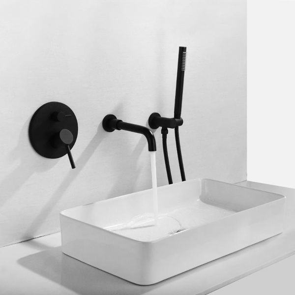 

black faucet bathroom wall mounted sink 3-function water mixer tap with hand shower bath hg-292 faucets