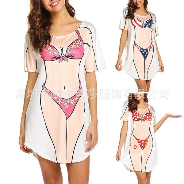 

summer women's fashion creative cute bikini print loose casual dress, Black;gray