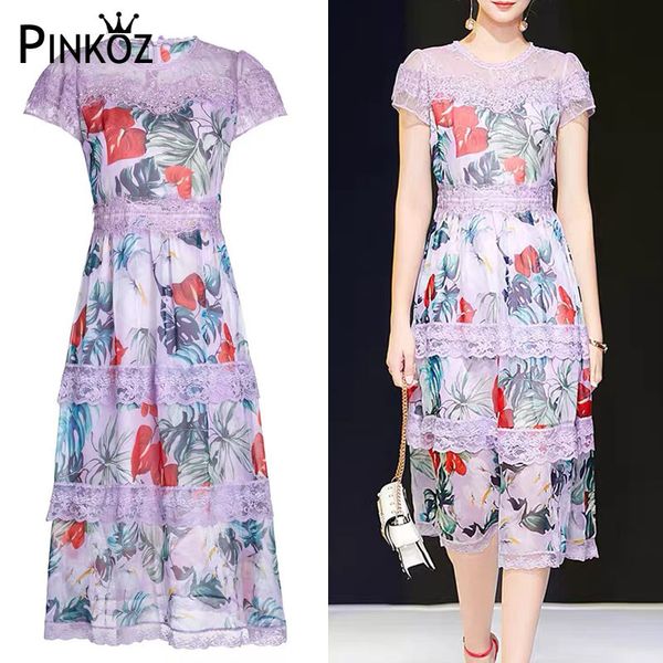 

vintage elegant flower printed patchwork lace ruched beading chiffon dresses party women dress plus size 2xl 210421, White