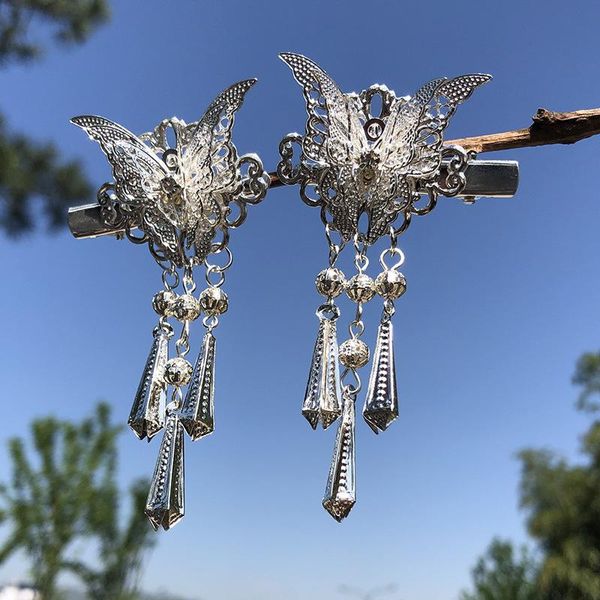 

hair accessories 2pcs/set silver color butterfly chinese hairpins tassel clips hairgrips women girls dress headwear jewelry, Slivery;white