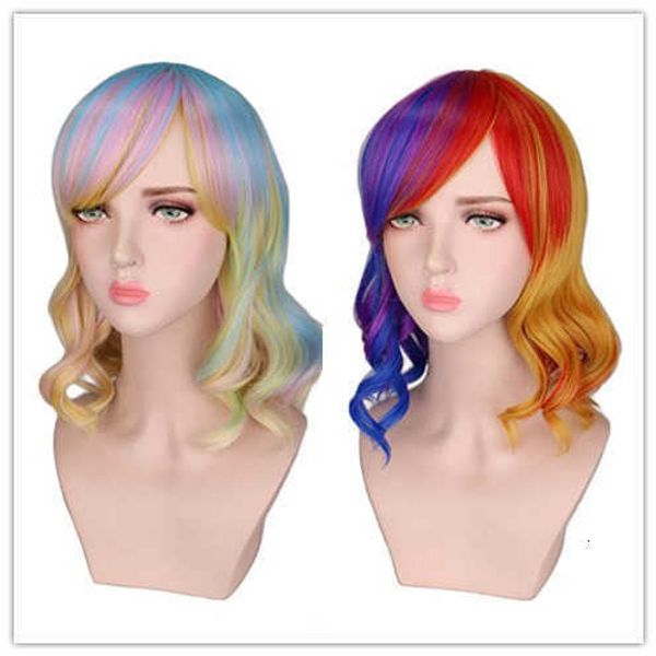 

fashion color oblique bangs short curly hair halloween multicolor wig, Black