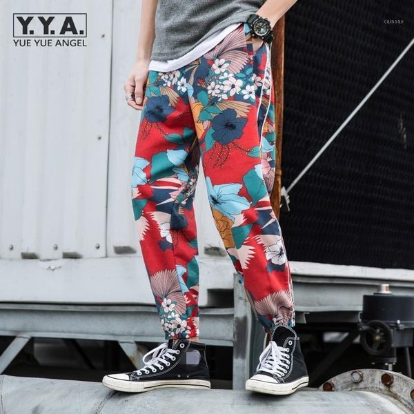 

fashion ethnic style printed flower harem pants men loose personality casual sweatpants male harajuku ankle length trousers men's, Black