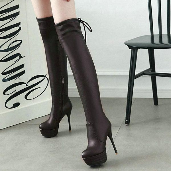 

boots 2021 pu leather women over the knee platform thin heel long side zipper winter, Black