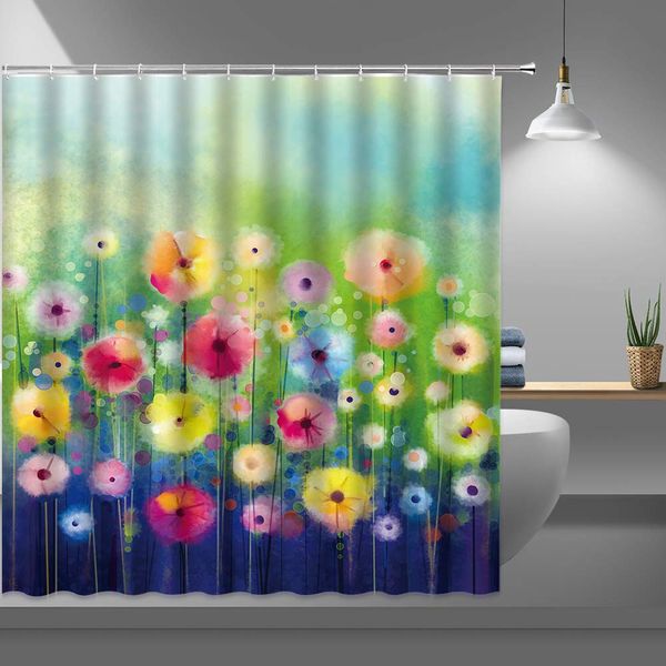 

watercolor floral shower curtains for bathroom,colorful spring wild flowers fabric shower curtain with plastic hooks,69x70 inch