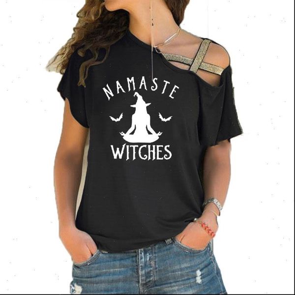 

namaste witches women t shirts shirt halloween funny gift tshirt fashion meditate spooky bat irregular skew cross bandage, White