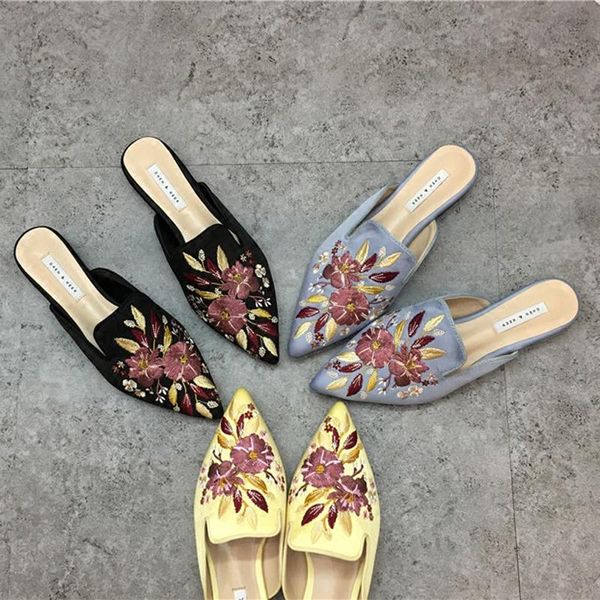 

slippers embroider shoes woman flowers pointed toe mules slides low flat heel flip flops women brand embroidery floral silk shoe, Black