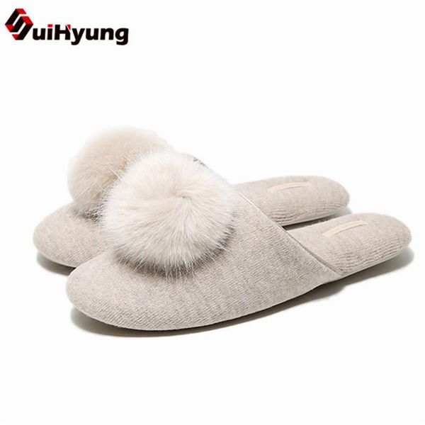 

slippers suihyung women indoor shoes soft warm home furry hairball bedroom flip flops autumn winter ladies slides footwear, Black