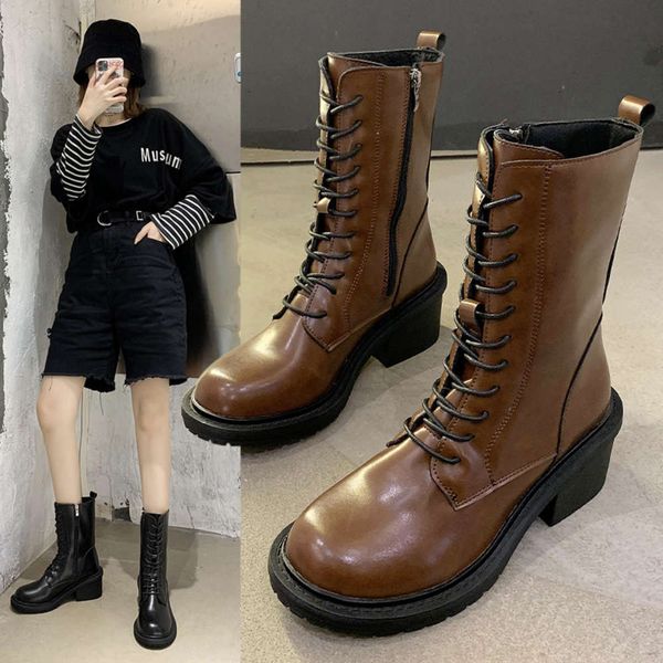 

martin boots autumn women's brown sho high short thick bottom front lace up, Black