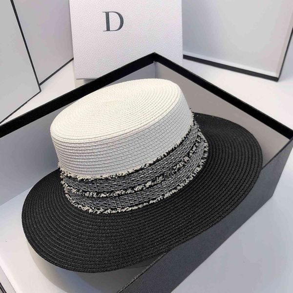 

new tassel ribbon small fragrance big eaves flat straw hat for outdoor beach holiday, Black;white