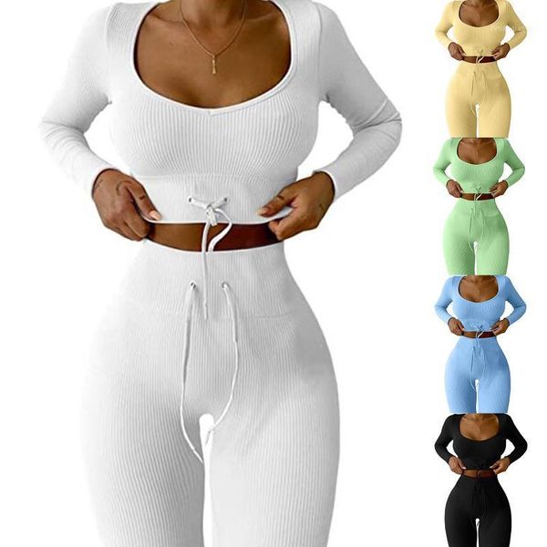 

women's tracksuits sets ribbed athletic sport fitness outfits women 2 piece set long sleeve crop legging pants female lace up tracksuit, Gray