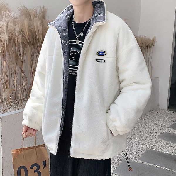 

men's jackets winter sheep shearing cotton jacket loose fall youth warm plush casual top, Black;brown