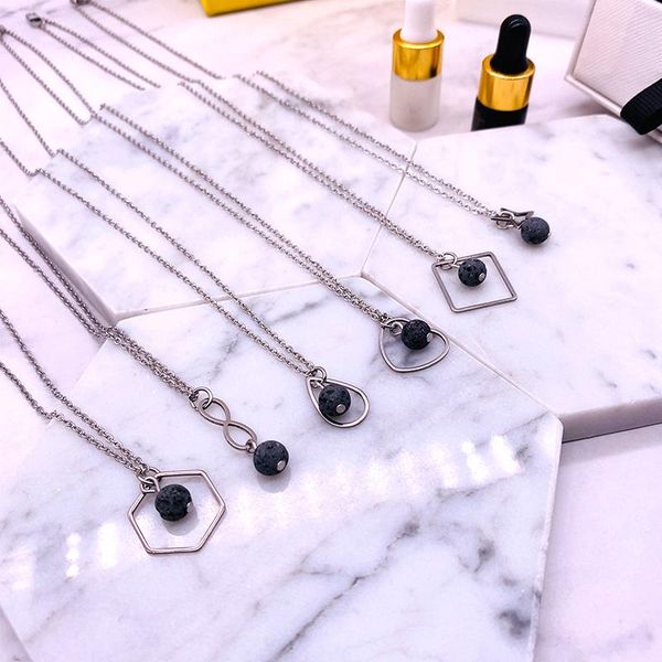 

pendant necklaces eternal drop hexagon square round star love heart unwaxed lava essential oil diffuser necklace stainless steel chain, Silver