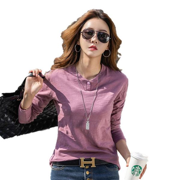 

women's t-shirt volocean 2021 winter cotton t shirt woman button t-shirts for women autumn female casual long sleeve tee, White