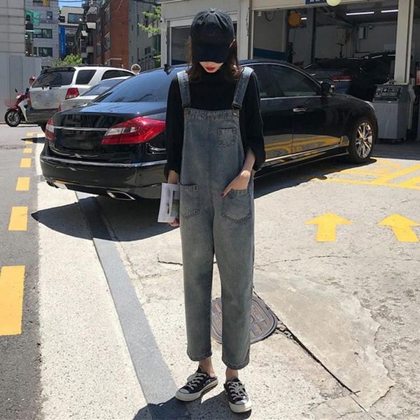 

women's jumpsuits & rompers streetwear all -match blue casual korean style bags rumplestiltskin solid bands loose bib broek, Black;white