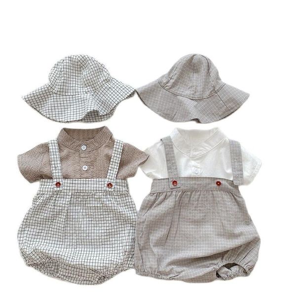 

jumpsuits 2021 korean summer baby boys rompers short sleeve shirt romper and hat born infant playsuit jumpsuit kids cute clothing suit, Blue