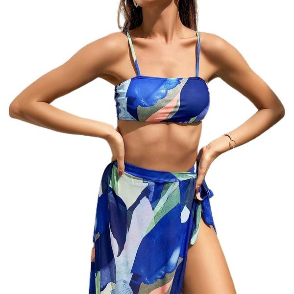 

one-piece suits women 3pcs bikini set graphic printed tube bra triangle bottom swimsuit with tie waist beach skirt cover up