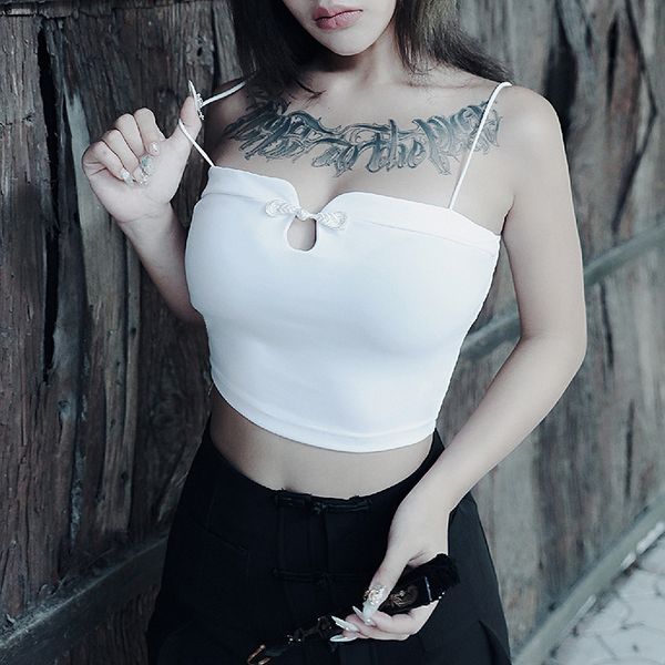 

elastic and comfortable women's tanks, drop collar button, vintage top, White