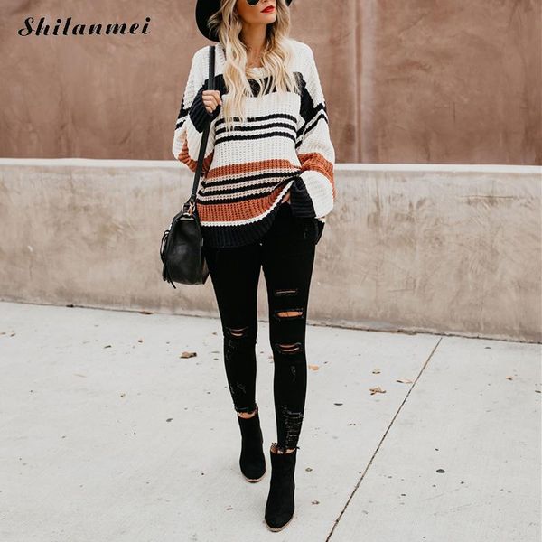 

women's sweaters fashion autumn pullover long sleeve striped winter knitted sweater women o neck ladies knitwear causal pull femme, White;black