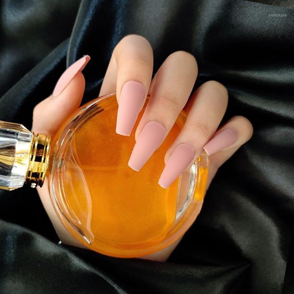 

extra long frosted matte nude pink ballerina fake nails reusable solid color ultra thin coffin false with glue sticker1, Red;gold