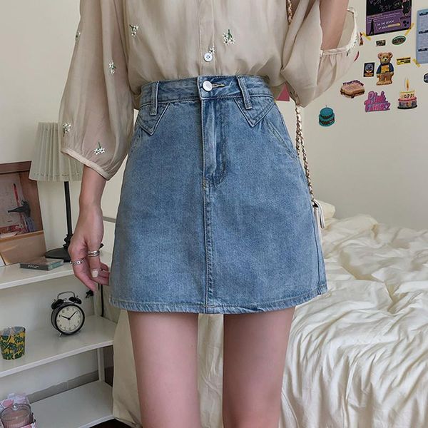 

s-xl summer skirt 2021 korean chic style high waist denim skirts mini a line jeans womens (78387, Black