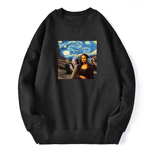 

men's hoodie, vintage mona lisa sweater, street hip hop punk style, autumn and winter, Black