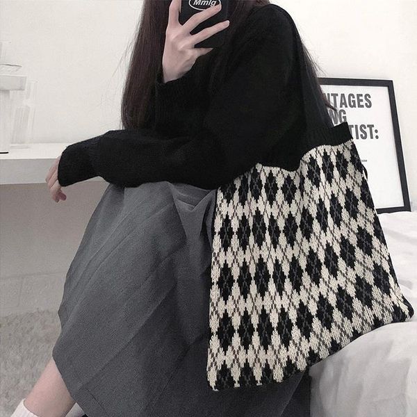 

korean knitted women bag ulzzang women's shoulder casual harajuku large capacity vintage diamond chic lady shopper bags