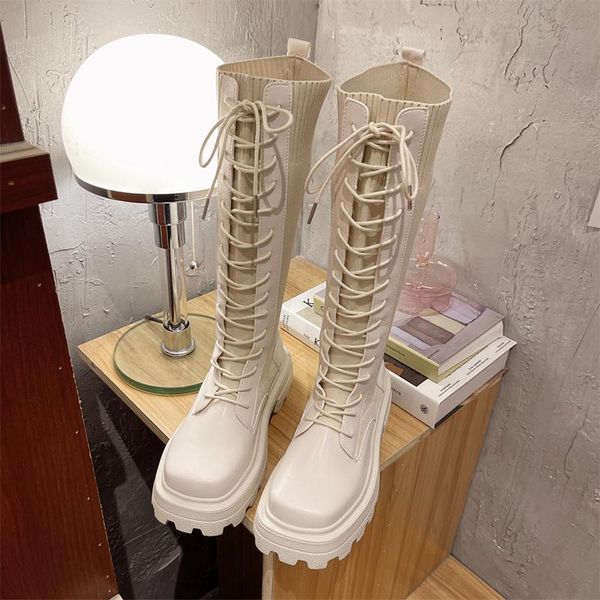 

boots 2021 women's beige gothic long knitted sock knee high autumn square toe elegant platform shoes ladies black punk
