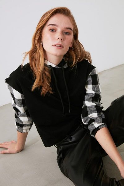 

women's hoodies & sweatshirts trendyol hooded plaid knitted sweatshirt twoaw21sw1781, Black