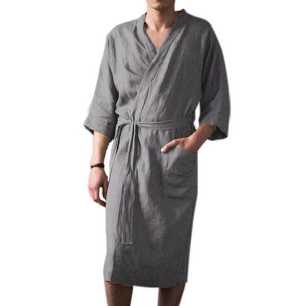 

men's sleepwear mens autumn casual loose cotton pajamas for men solid color half sleeve v-neck waist lace-up robe homewear comfortable, Black;brown