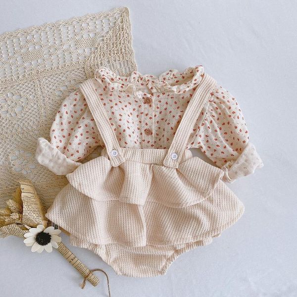 Completi di abbigliamento Salopette scozzesi Baby Girl Waffle Clothes Set Pagliaccetto a maniche lunghe nato Bloomer in cotone con volant per la primavera