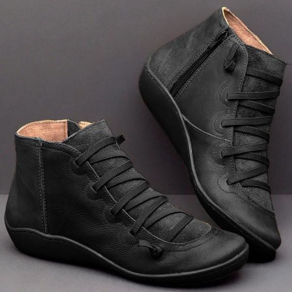 

boots mr co woman women pu leather ankle autumn winter cross strappy vintage punk flat ladies shoes, Black