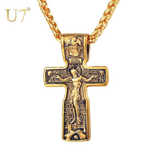 

u7 crucifix jesus cross pendants & necklaces gold color stainlsteel chain vintage catholic church religious men jewelry p119 x0707, Silver