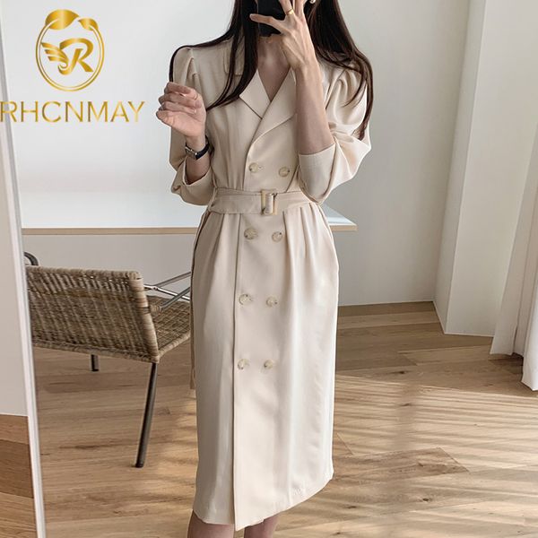 

new autumn woman long dress 2021 puff sleeve korean style vintage double breasted ladies work office dresses elegantswimwear bathing suits s, Black;gray