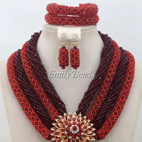 

earrings & necklace burgundy wine african costume nigerian wedding crystal beads jewelry sets bridal set aij252, Silver