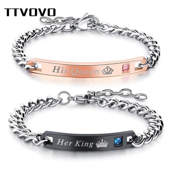 

link, chain chainvovo his queen her king couple id bracelet for women men matching set cz stones crown charm promise lovers bracelets jewelr, Black