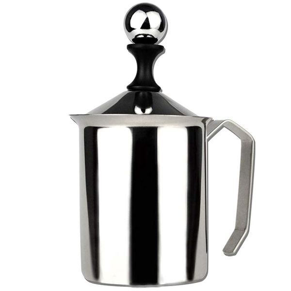 

camp kitchen manual foamer cream cappuccino latte foam pitcher handle, lid, double layer filter, stainless steel, 17 ounce capacity (500 ml)