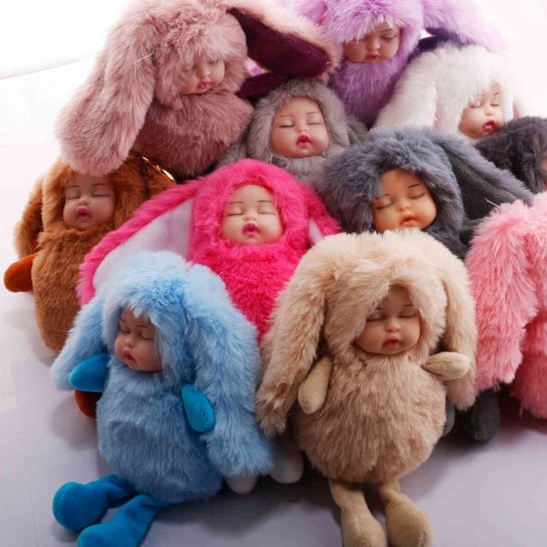 

sleepy baby hairy ball key chain super cute long ear rabbit plush pendant grab plush toy, Silver