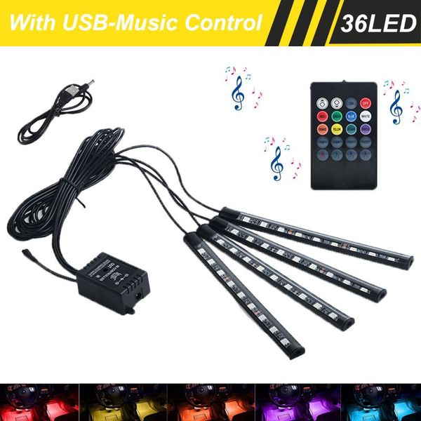

interior&external lights 36 led usb interior strip light for car foot ambient backlight rgb auto atmosphere decorative lamp by remote music