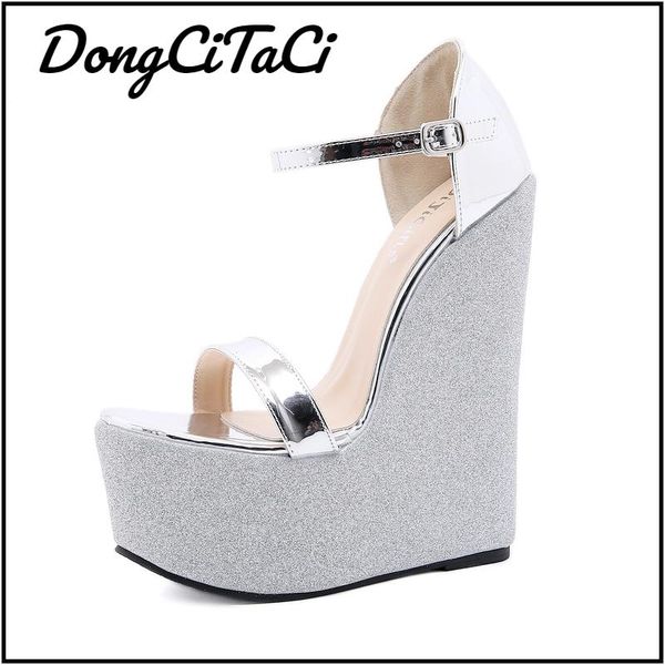 

sandals dongcitaci women peep toe wedges platforms bling ladies fashion summer shoes size 35-42, Black
