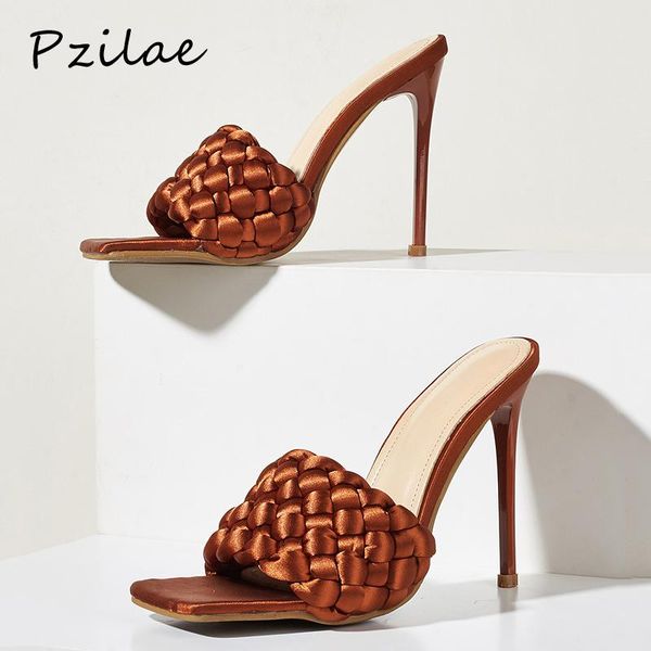 

pzilae satin braid square head high heels slippers sandals summer fashion slip on open toe slides women mules party, Black