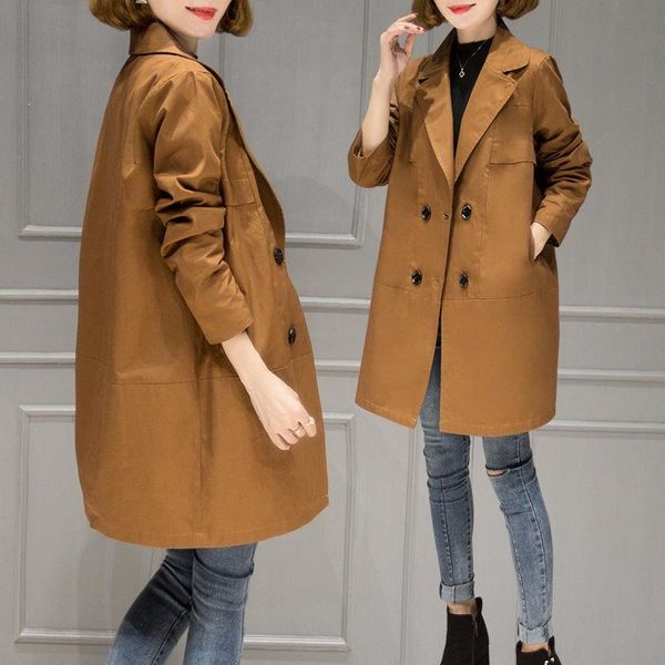 

women's trench coats spring autumn coat windbreaker solid double-breasted outerwear korean middle long casual female h92, Tan;black